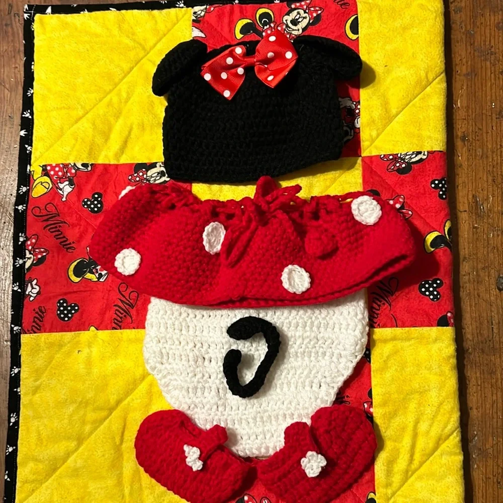 🔥🔥HP🔥🔥NWOT Minnie Mouse 4-pc Handmade Costume Baby Girl Sz 0-6 gift photo op - Picture 2 of 12